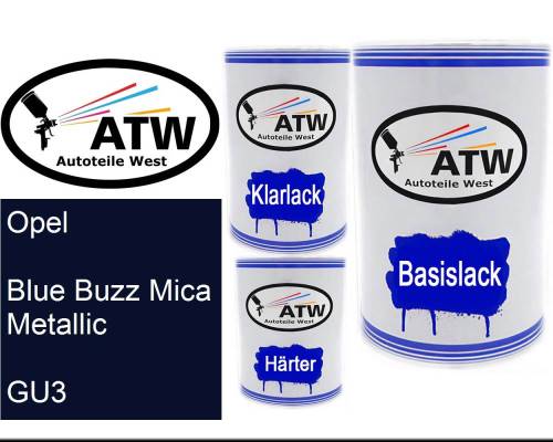 Opel, Blue Buzz Mica Metallic, GU3: 500ml Lackdose + 500ml Klarlack + 250ml Härter - Set, von ATW Autoteile West.